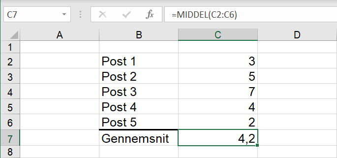 Gennemsnit af værdier i celler i Excel regneark