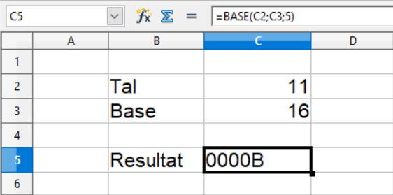 Omregning af tal til base X i Calc regneark