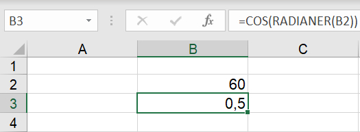 Beregninger af cos(x) i Excel regneark