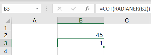 Beregninger af cot(x) i Excel regneark