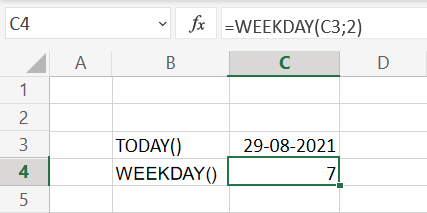 Aktuel dag med WEEKDAY() i Excel regneark