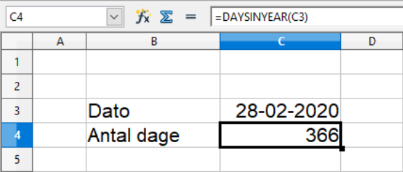 Bestemmelse af antal dage i datoens år i Calc regneark