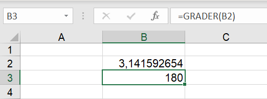 Omregningen fra radianer til grader i celler i Excel regneark