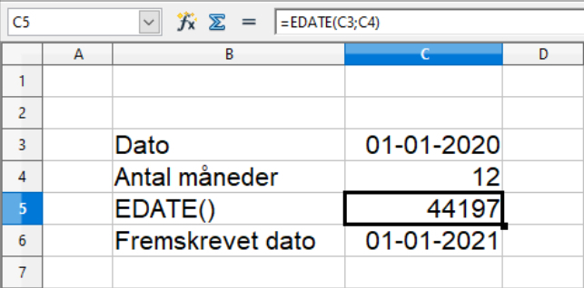 Fremskrivning af dato med EDATE() i Calc regneark