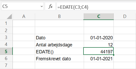 Fremskrivning af dato med EDATE() i Excel regneark