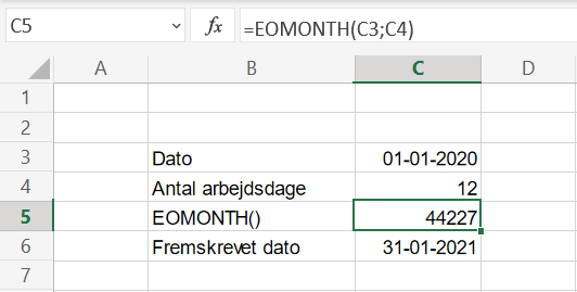 Fremskrivning af dato med EOMONTH() i Excel regneark