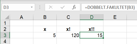 Beregning af dobbelt fakultet i Excel regneark