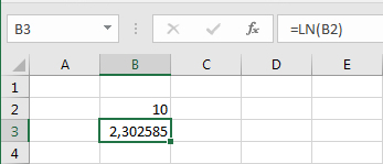 Naturlig logaritme i celler i Excel regneark