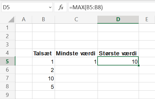 Største værdi i talsæt i Excel regneark
