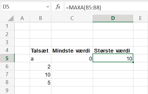 Største værdi i talsæt med MAKSV() i Excel regneark