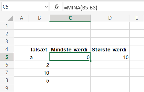 Mindste værdi i talsæt med MINV() i Excel regneark