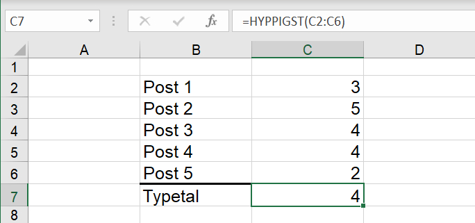 Typetal med HYPPIGST() for værdier i celler i Excel regneark