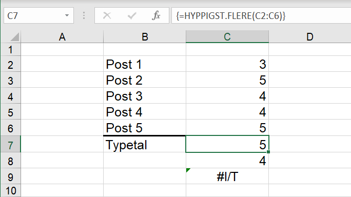 Typetal med MODE() for værdier i celler i Excel regneark