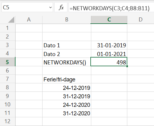 Tidsinterval udregnet i arbejdsdage i Excel regneark