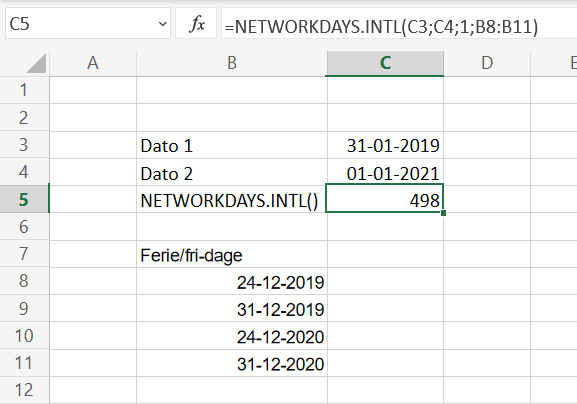 Tidsinterval udregnet i arbejdsdage i Excel regneark