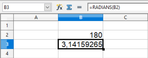 Omregningen fra grader til radianer i celler i Calc regneark