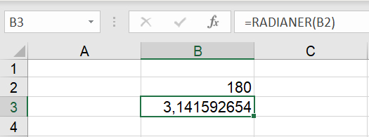 Omregningen fra grader til radianer i celler i Excel regneark