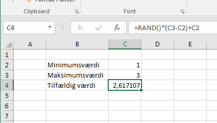 Tilfældig værdi inden for et interval, genereret i Excel regneark