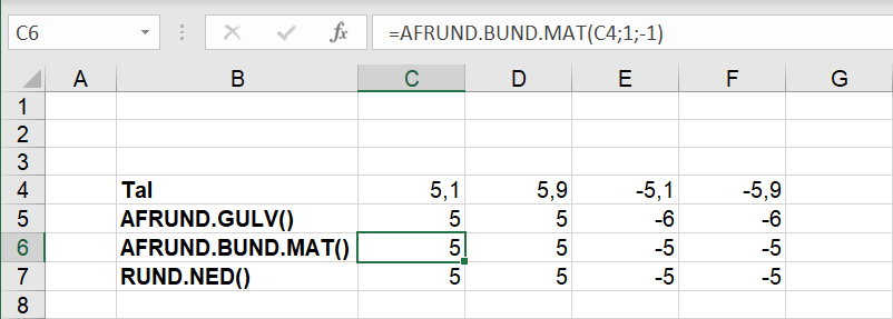 Nedrunding af talværdier med AFRUND.BUND.MAT() i Excel regneark