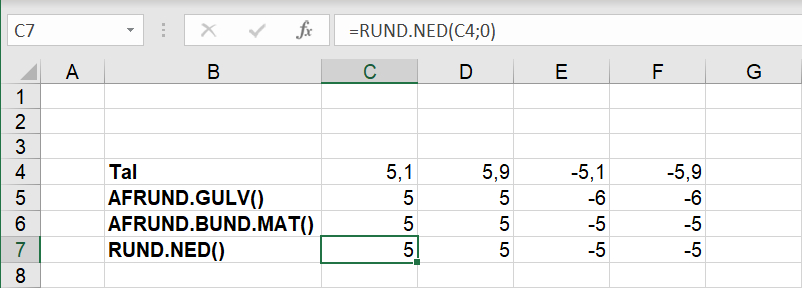 Nedrunding af talværdier med RUND.NED() i Excel regneark