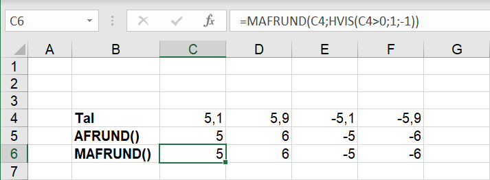 Afrunding til nærmeste tal i Excel regneark