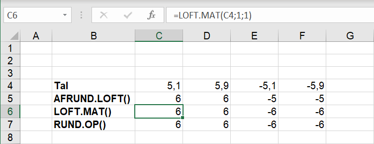Oprunding af talværdier med LOFT.MAT() i Excel regneark
