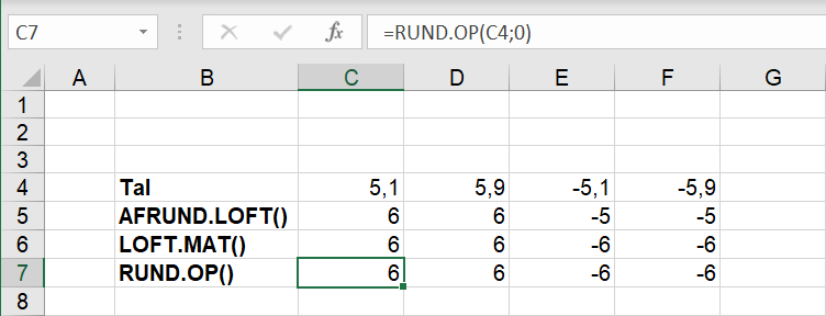 Oprunding af talværdier med RUND.OP() i Excel regneark