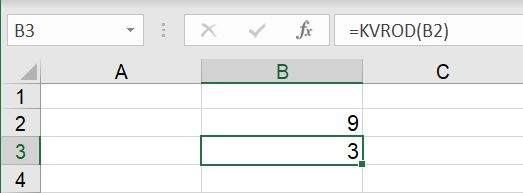 Kvadratrødder med KVROD() i celler i Excel regneark