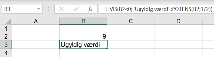 Betinget fejlmeddelelse ved rod af negativt tal i celler i Excel regneark