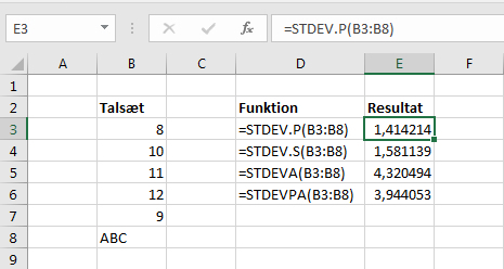De fire typer standardafvigelser i Excel-regneark.