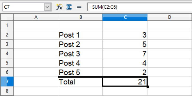 Summation af værdier i sammenhængende celler i Calc regneark