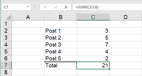 Summation af værdier i sammenhængende celler i Excel regneark