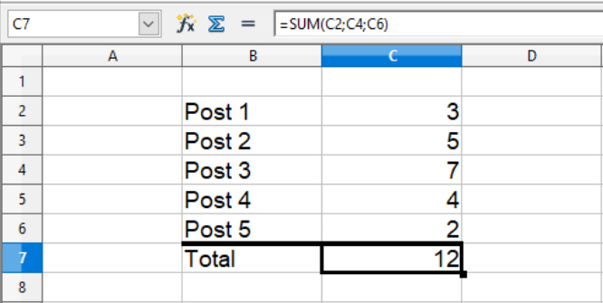 Summation af værdier i enkelstående celler i Calc regneark