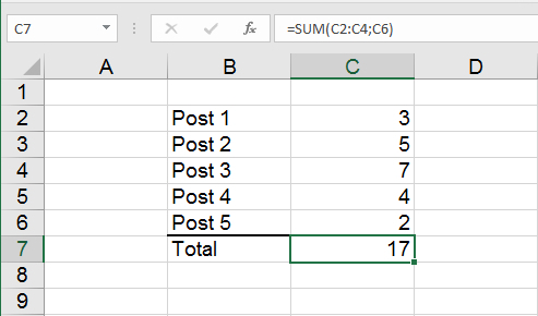 Summation af værdier i både sammenhængende og enkelstående celler i Excel regneark