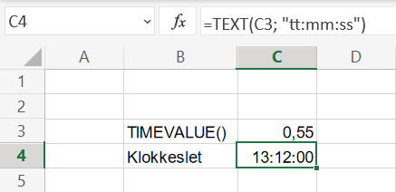 Omregning af fraktion af døgn til klokkeslet i Excel regneark