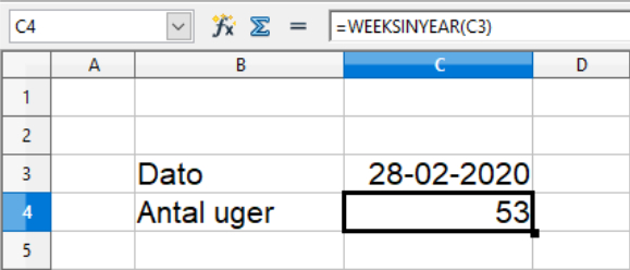 Bestemmelse af antal uger i datoens år i Calc regneark