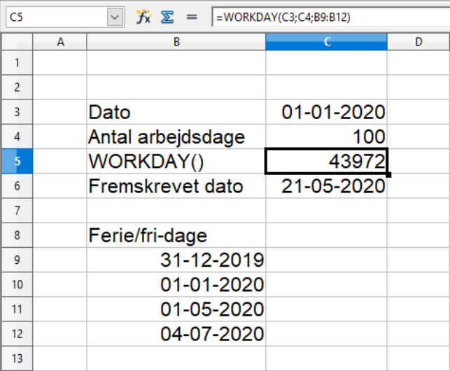Fremskrivning af dato med WORKDAY() i Calc regneark