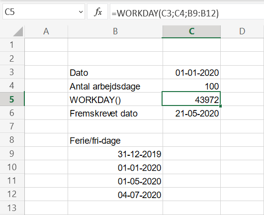 Fremskrivning af dato med WORKDAY() i Excel regneark