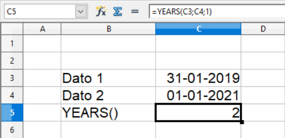 Beregning af antal hele år mellem to datoer i Calc regneark